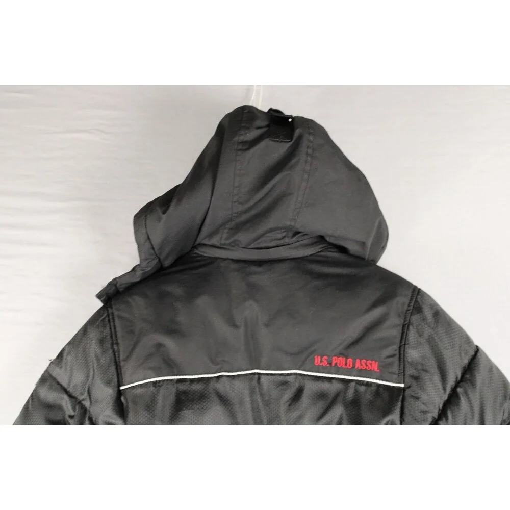 U.S. Polo Assn Puffer Jacket Black Logo Sleeve Hood Zip Pockets Lined Size 5/6
